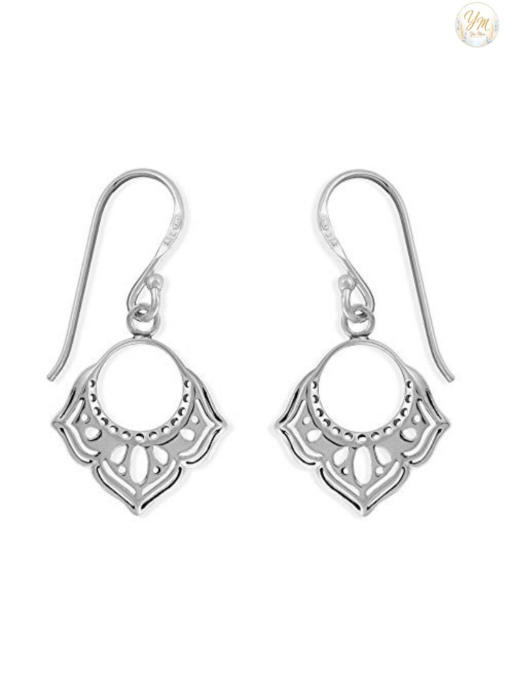Sterling Silver Bali Style Beaded Flower Open Circle Dangle Earrings